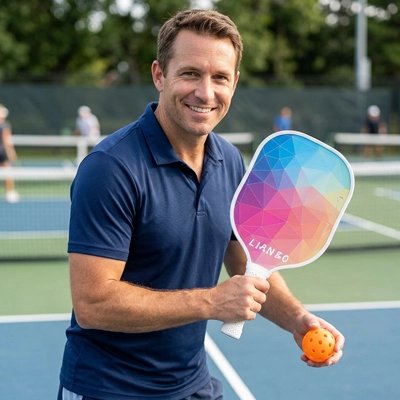 Homme souriant avec sa raquette de pickleball
