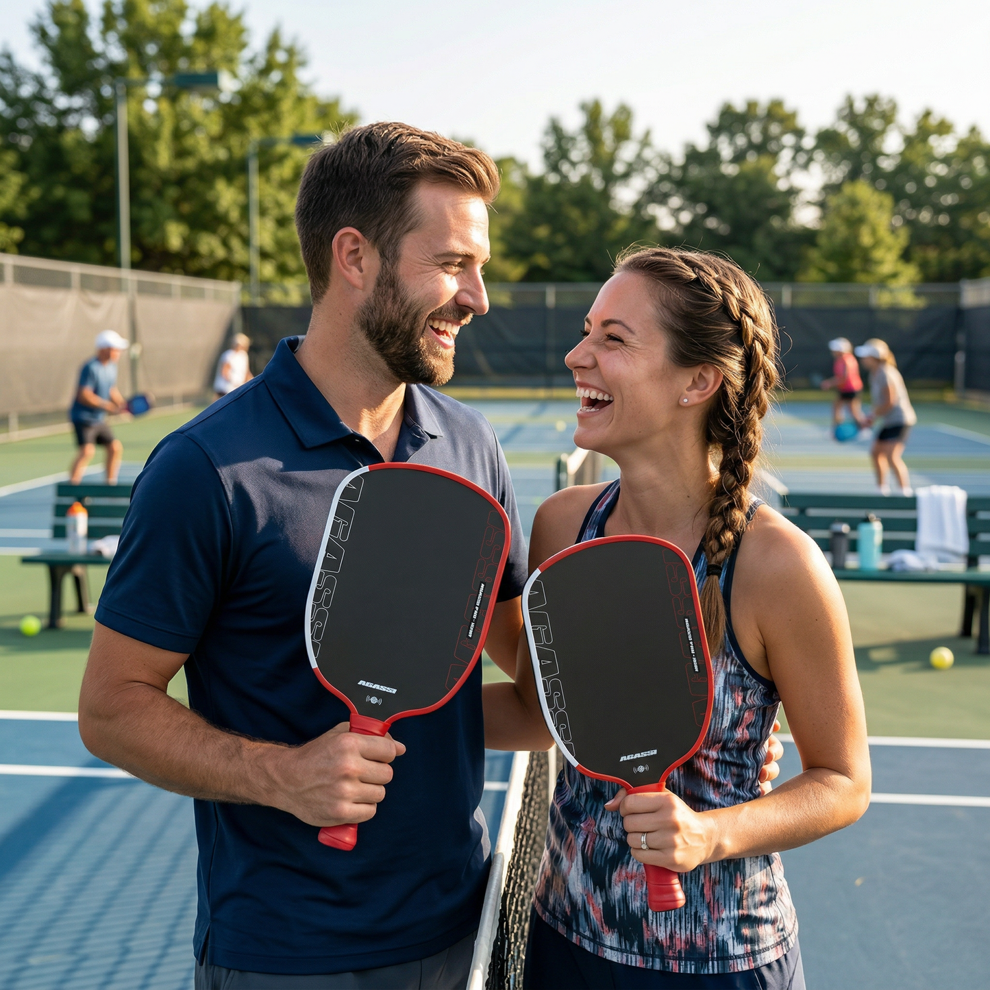 Jeune couple sur terrain avec pickleball raquette
