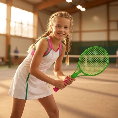 jeune fille prête à jouer avec sa raquette de tennis enfant