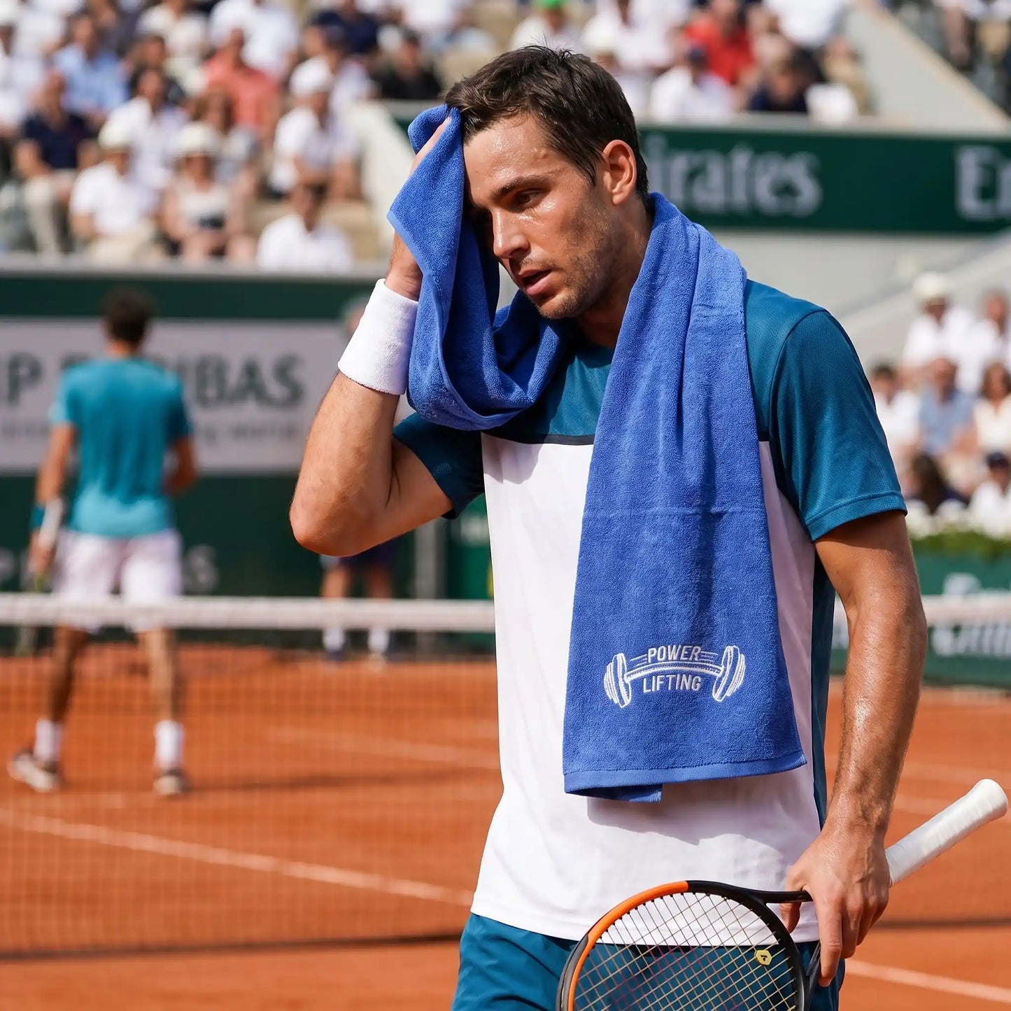 Joueur de tennis entre deux points avec sa serviette de sport sur les épaules
