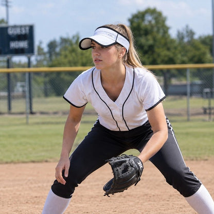 Joueuse de baseball aves sa casquette à visière blanche