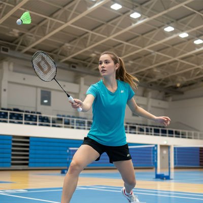 Joueuse frappe un volant badminton dans le gymnase