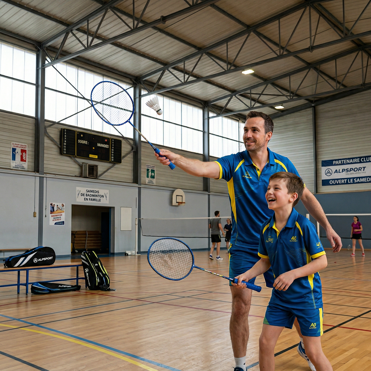 Pere fils jouent avec raquettes badminton