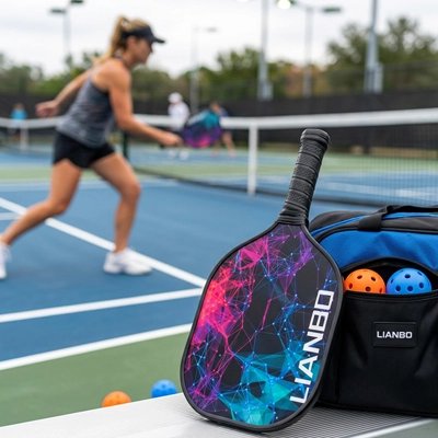 Raquette de pickleball avec balles sur terrain