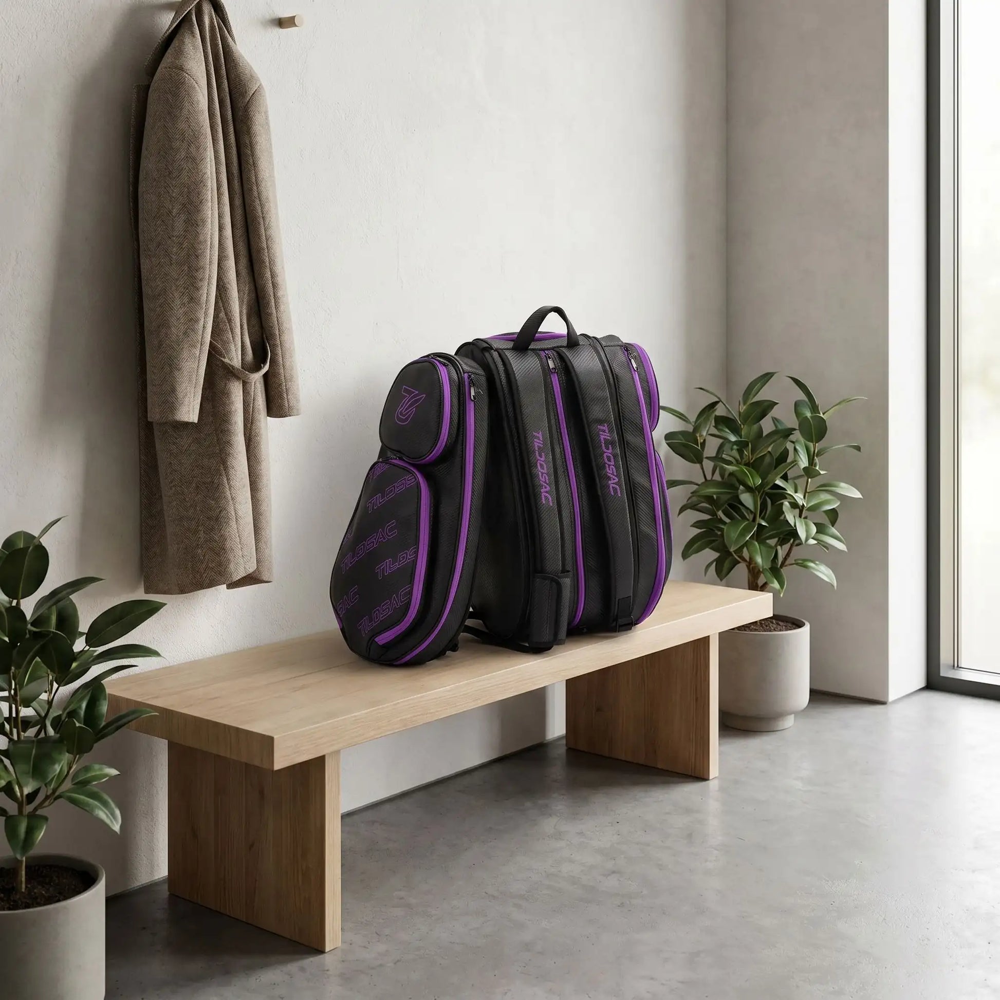 Sac de padel détachable sur un banc dans une maison