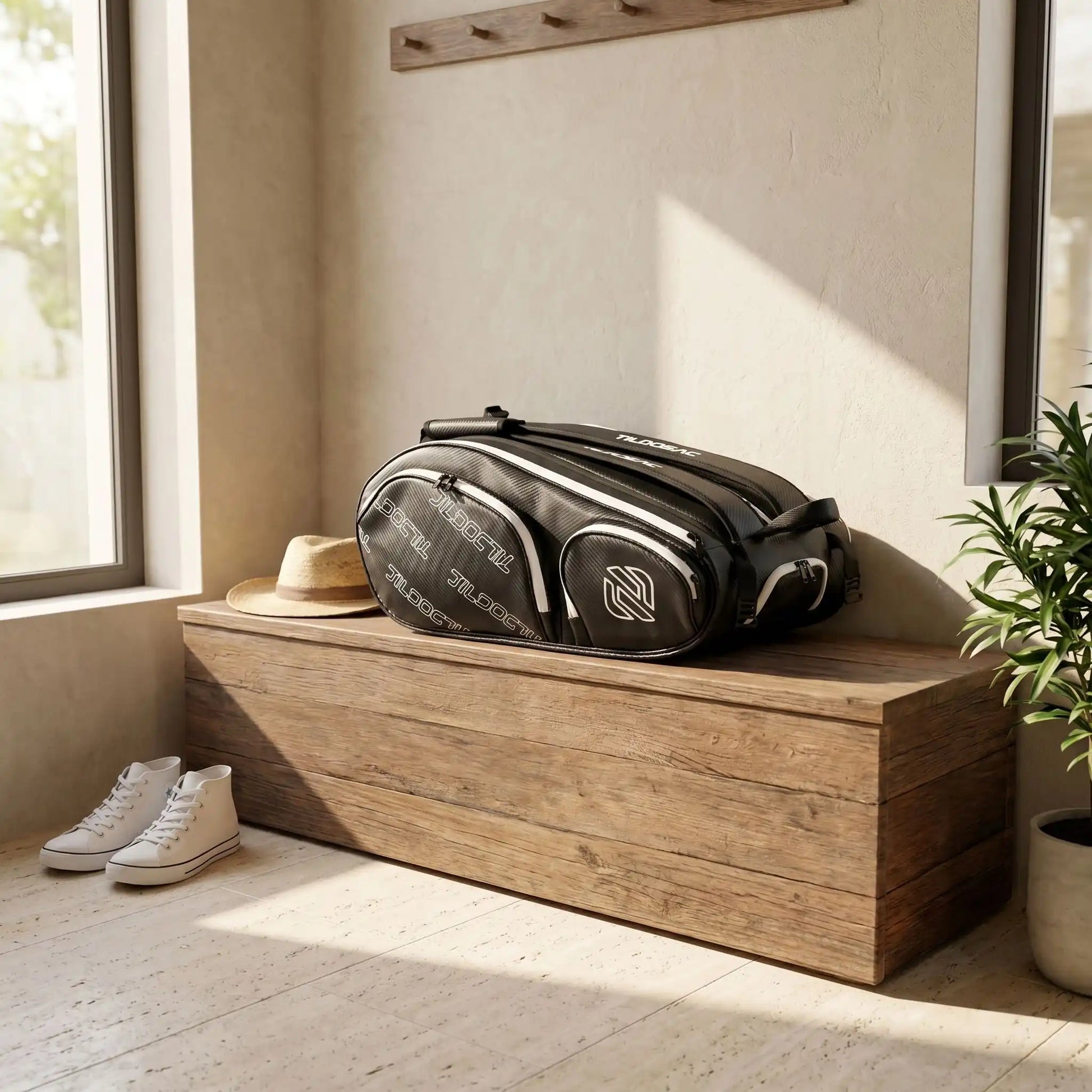 Sac de padel pratique sur un banc dans une maison