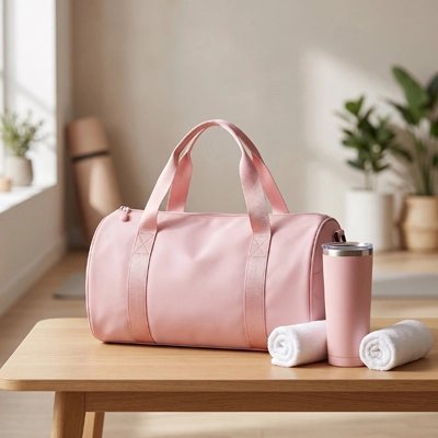 Sac de sport femme rose pâle sur un banc dans une maison