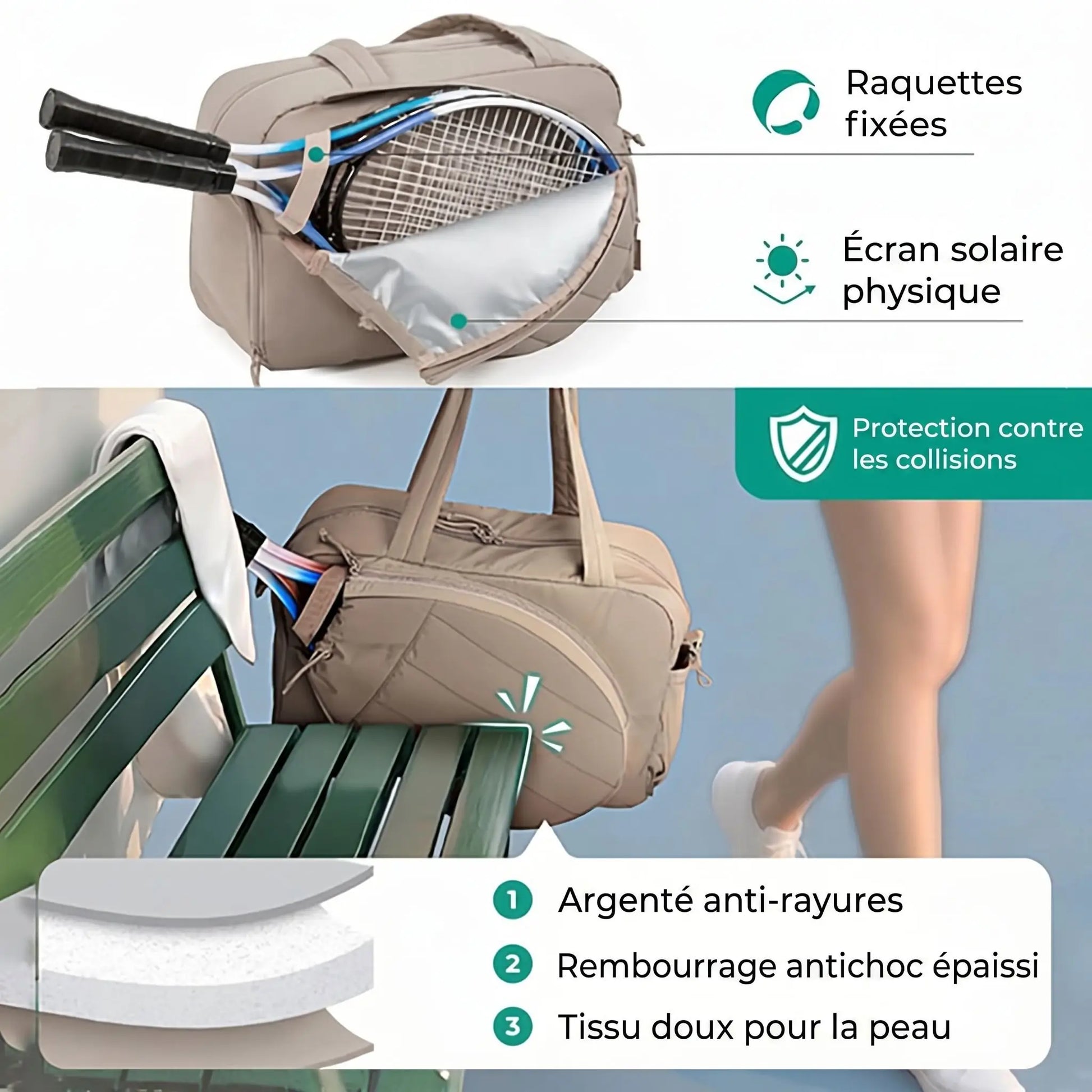 Sac de tennis protection antichoc et écran solaire
