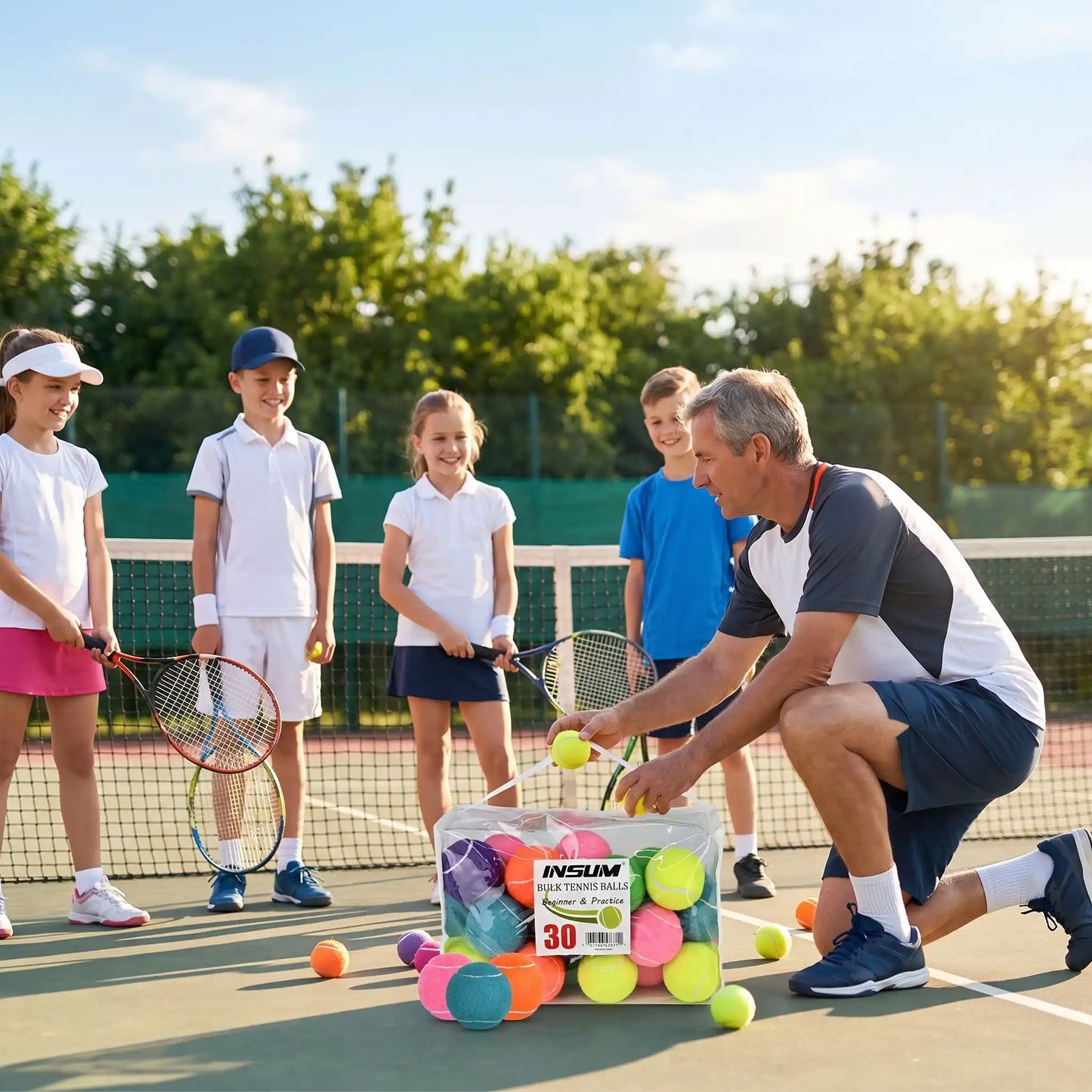 Un coach avec ses élèves avec ses balles de tennis mulitcolores