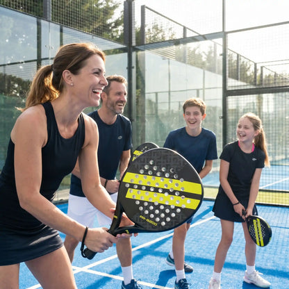 Une famille souriante joue au padel avec raquette padel