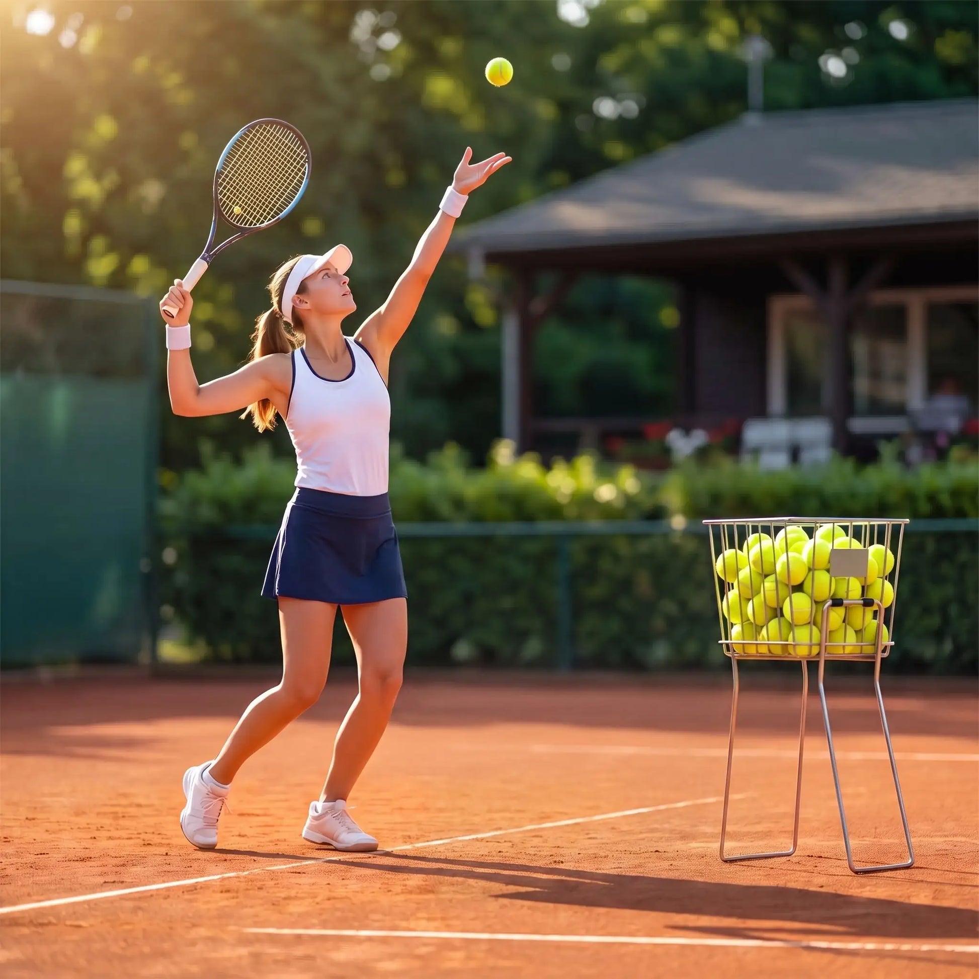Une femme pratique ses services avec ses balles de tennis dans un panier