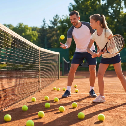 Un père entraine sa fille avec ses balles de tennis